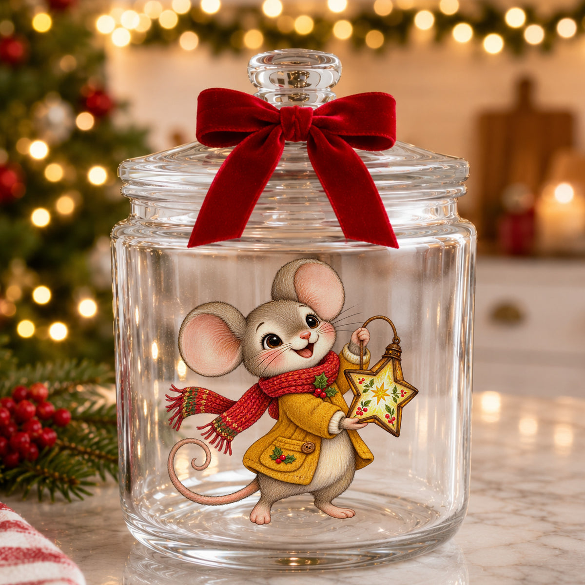 Christmas Mouse With Star Lantern UV DTF sticker applied to a glass candy jar tied with a red bow