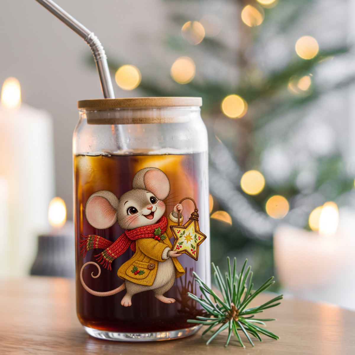 Christmas Mouse With Star Lantern UV DTF sticker applied to a glass can cup of iced coffee with a straw
