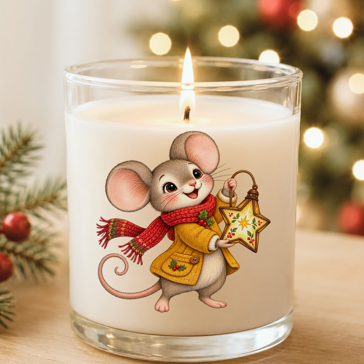 Christmas Mouse With Star Lantern UV DTF sticker applied to a white candle in a glass holder near Christmas lights