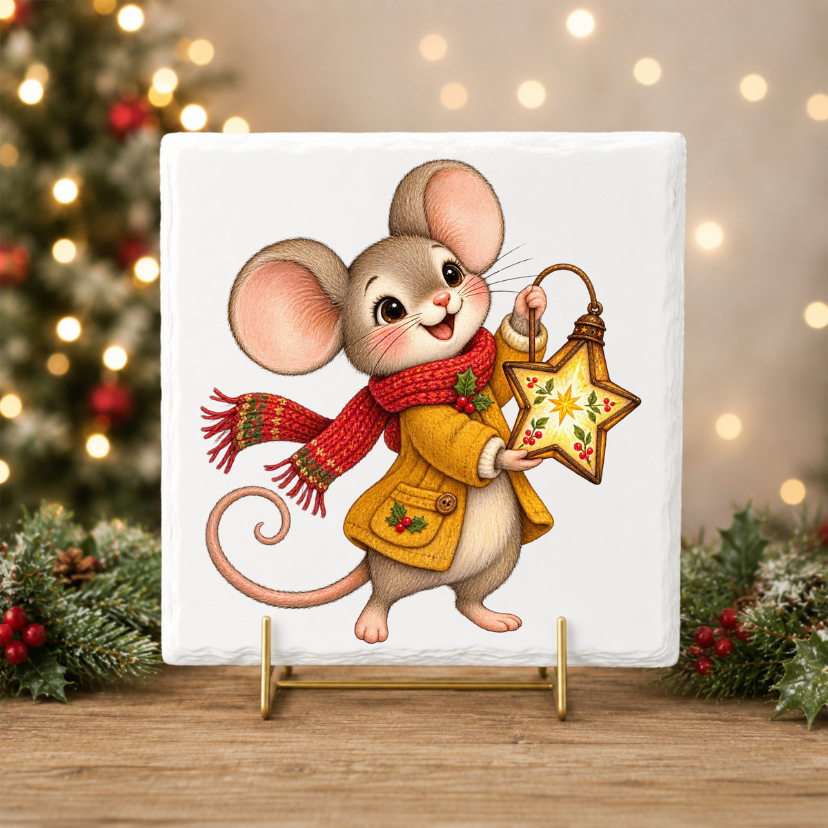 Christmas Mouse With Star Lantern UV DTF sticker applied to a white tile on a gold stand