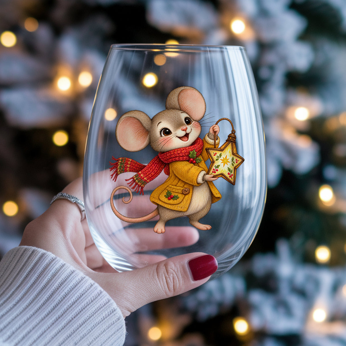 Christmas Mouse With Star Lantern UV DTF sticker applied to a stemless wine glass held in hand