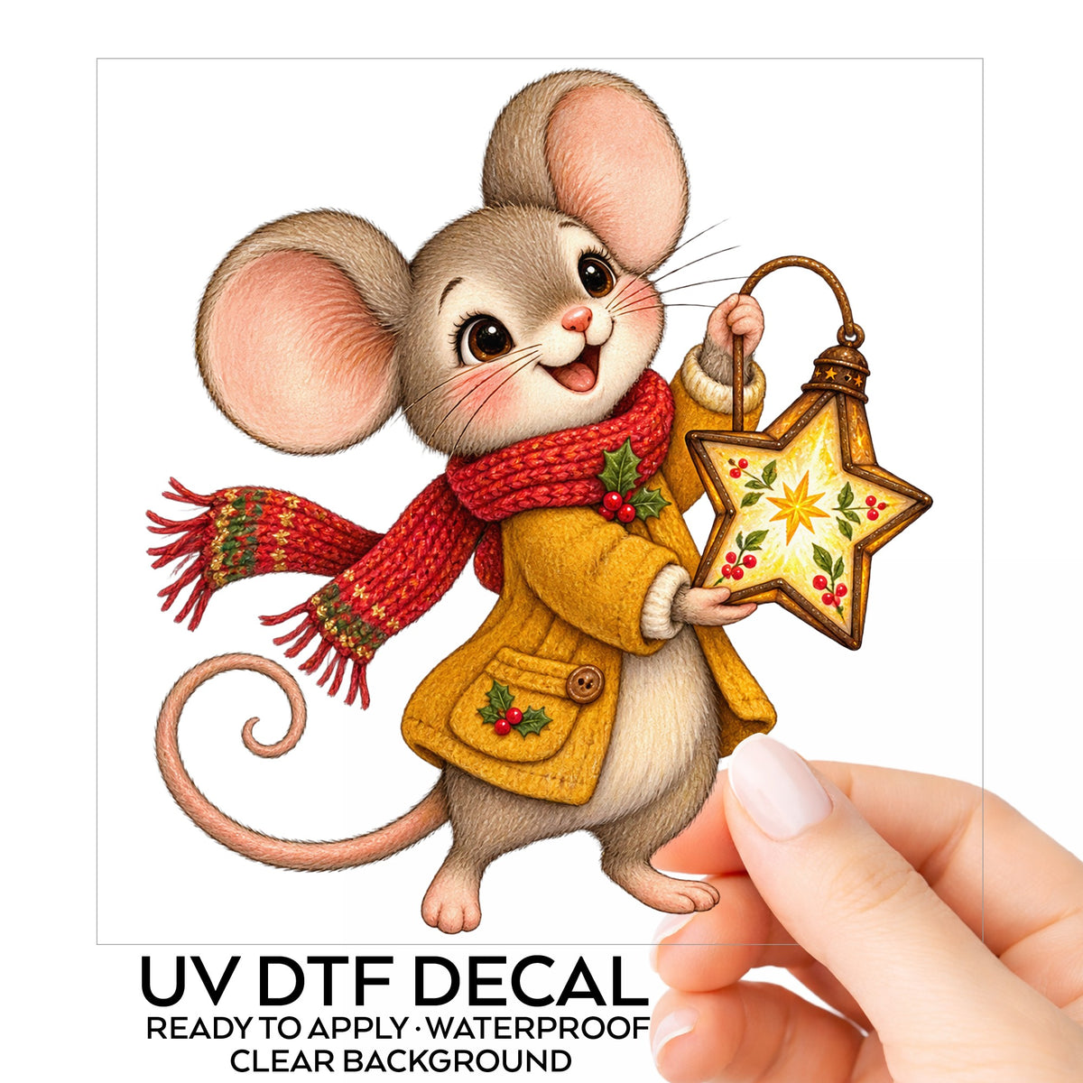 Christmas Mouse With Star Lantern UV DTF sticker on its backing card, held in hand