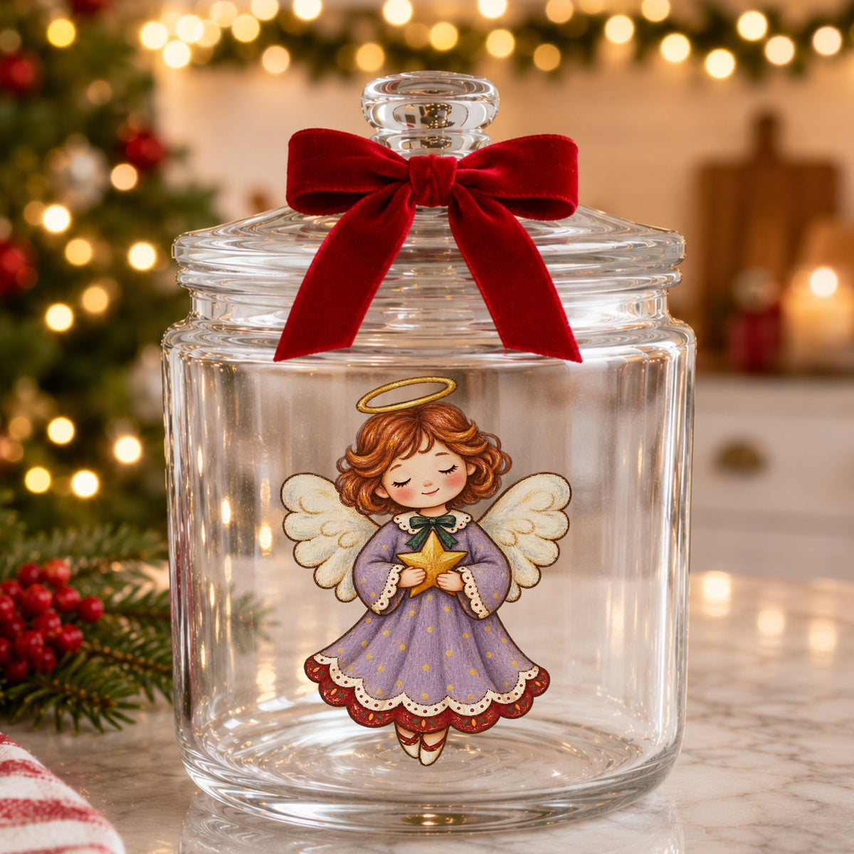 Little Angel Girl Holding Gold Star UV DTF sticker applied to a glass candy jar tied with a red bow