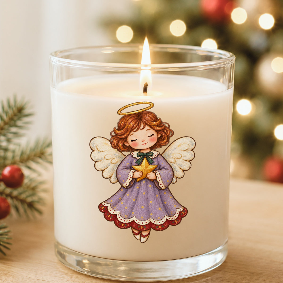 Little Angel Girl Holding Gold Star UV DTF sticker applied to a white candle in a glass holder near Christmas lights