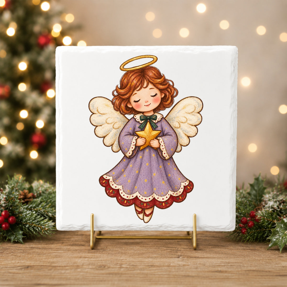 Little Angel Girl Holding Gold Star UV DTF sticker applied to a white tile on a gold stand