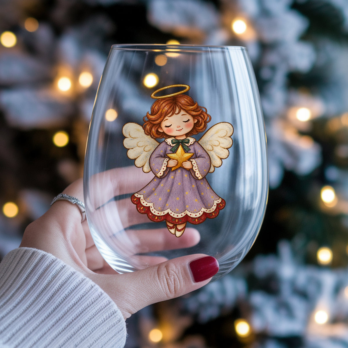 Little Angel Girl Holding Gold Star UV DTF sticker applied to a stemless wine glass held in hand