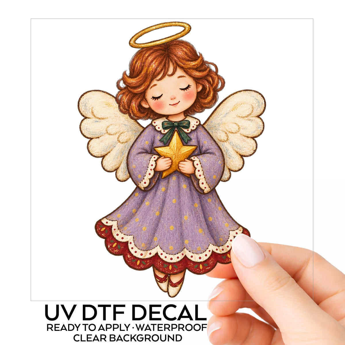 Little Angel Girl Holding Gold Star UV DTF sticker on its backing card, held in hand