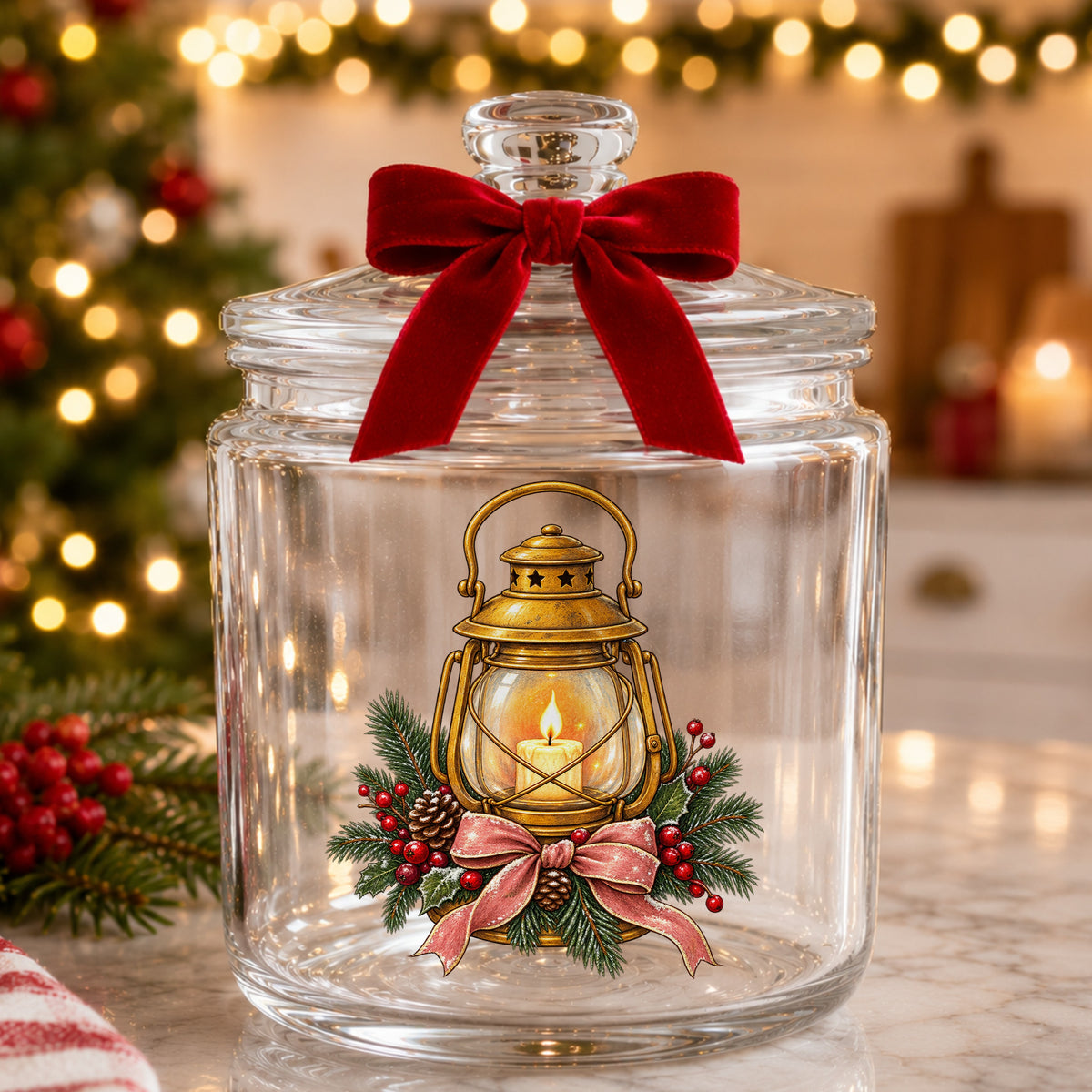 Vintage Brass Lantern With Candle And Pine UV DTF sticker applied to a glass candy jar tied with a red bow