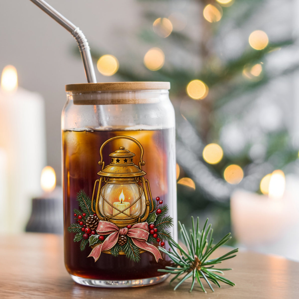 Vintage Brass Lantern With Candle And Pine UV DTF sticker applied to a glass can cup of iced coffee with a straw