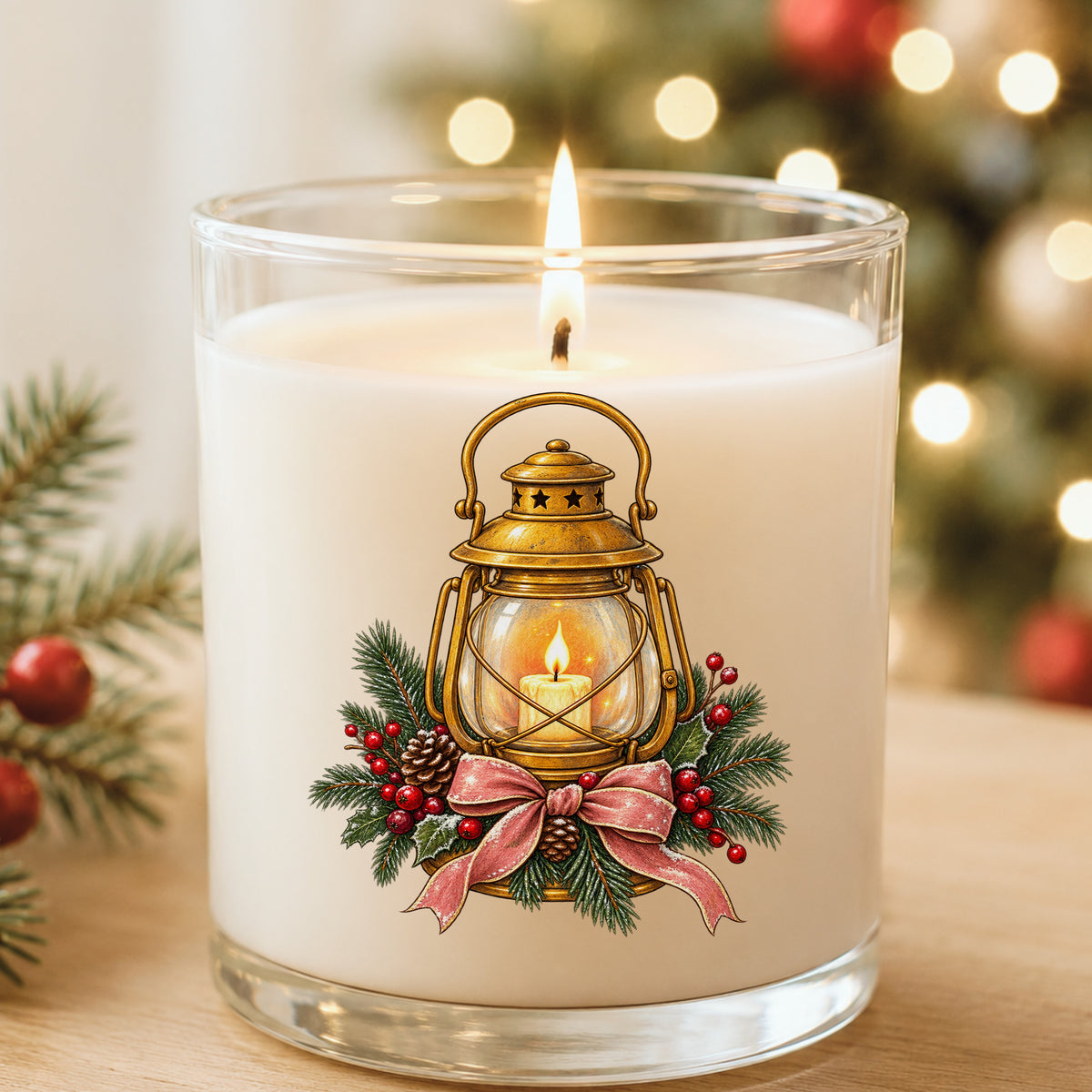 Vintage Brass Lantern With Candle And Pine UV DTF sticker applied to a white candle in a glass holder near Christmas lights