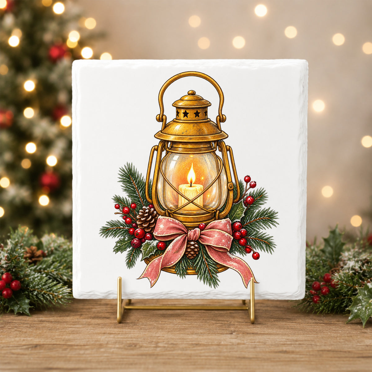 Vintage Brass Lantern With Candle And Pine UV DTF sticker applied to a white tile on a gold stand