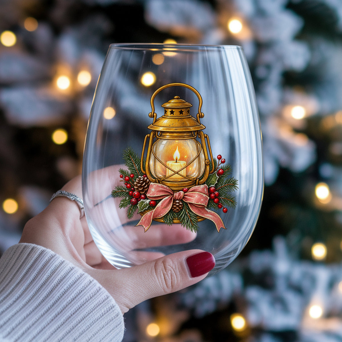 Vintage Brass Lantern With Candle And Pine UV DTF sticker applied to a stemless wine glass held in hand
