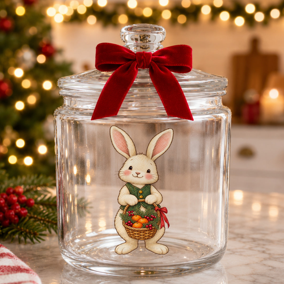 Bunny Holding Basket Of Oranges UV DTF sticker applied to a glass candy jar tied with a red bow