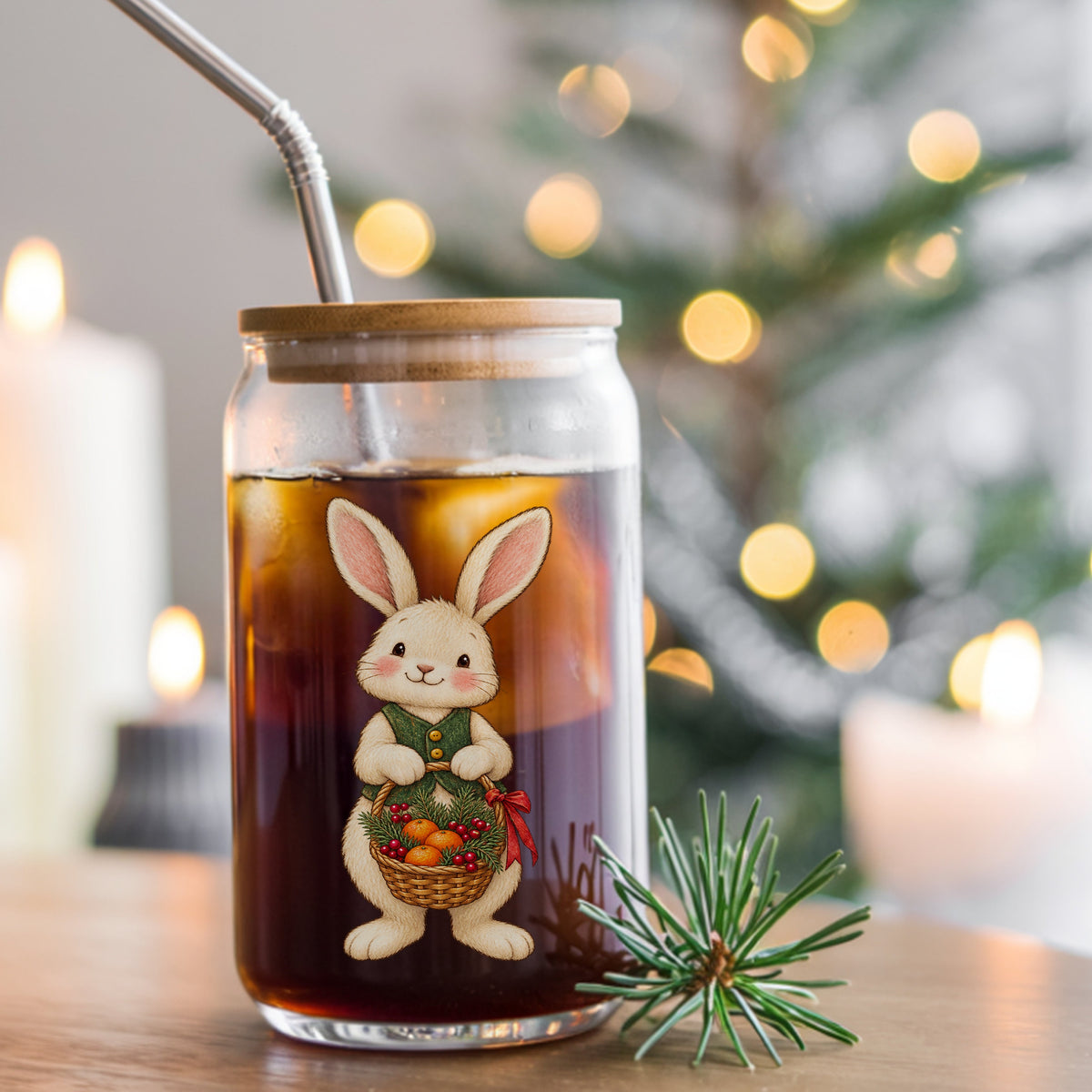 Bunny Holding Basket Of Oranges UV DTF sticker applied to a glass can cup of iced coffee with a straw