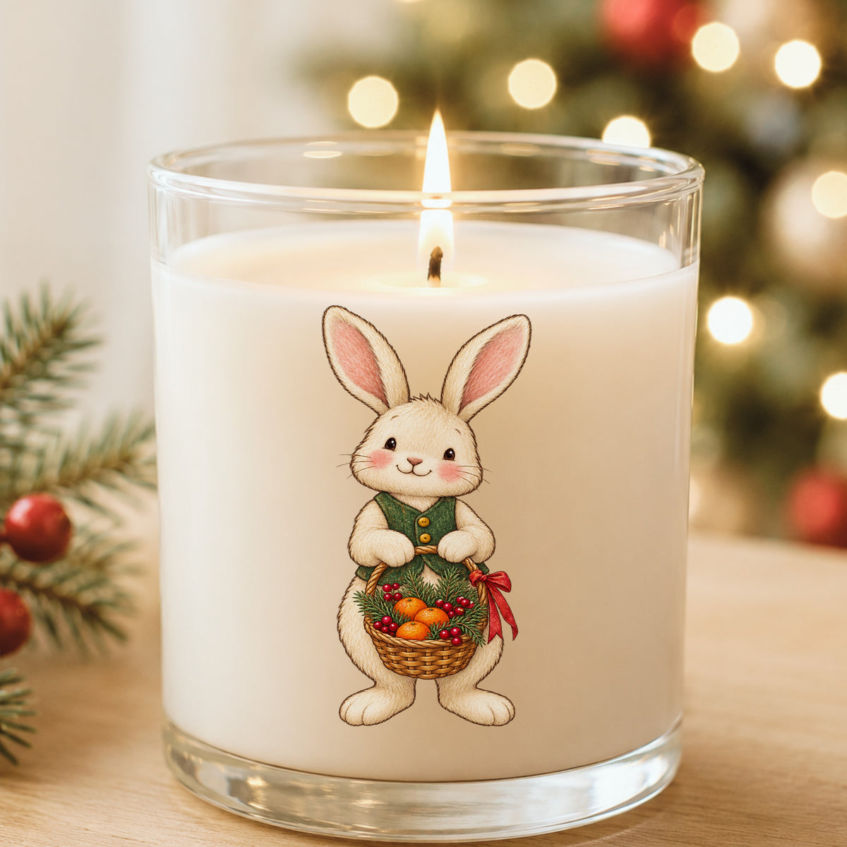 Bunny Holding Basket Of Oranges UV DTF sticker applied to a white candle in a glass holder near Christmas lights