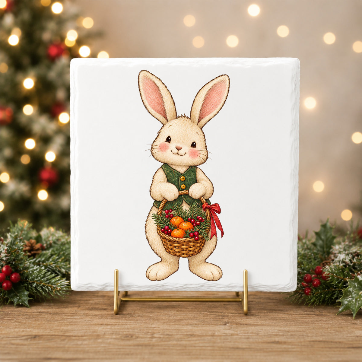 Bunny Holding Basket Of Oranges UV DTF sticker applied to a white tile on a gold stand