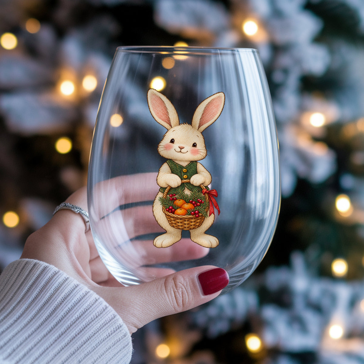 Bunny Holding Basket Of Oranges UV DTF sticker applied to a stemless wine glass held in hand