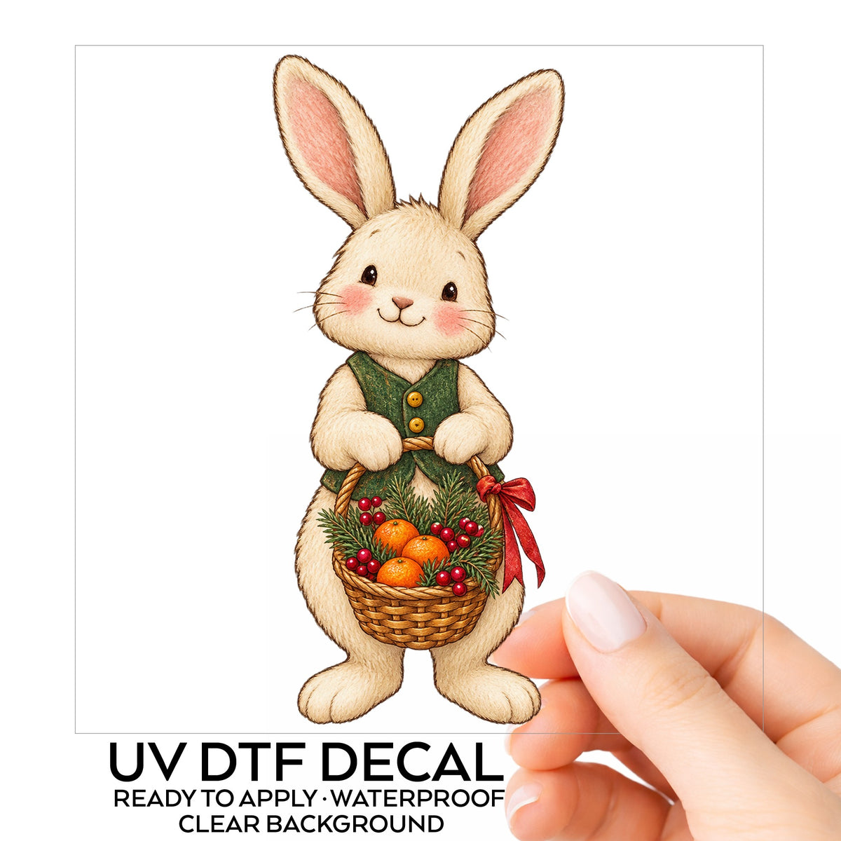 Bunny Holding Basket Of Oranges UV DTF sticker on its backing card, held in hand