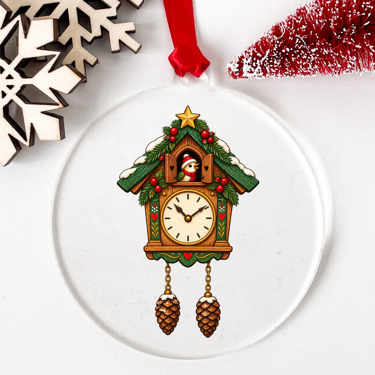Christmas Cuckoo Clock UV DTF sticker applied to a clear round acrylic ornament with a red ribbon