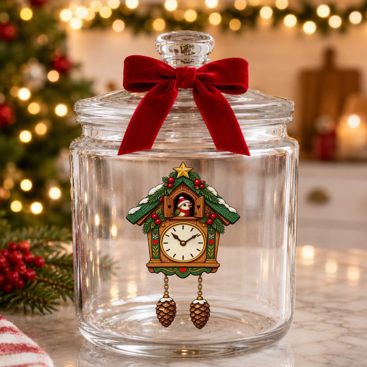 Christmas Cuckoo Clock UV DTF sticker applied to a glass candy jar tied with a red bow