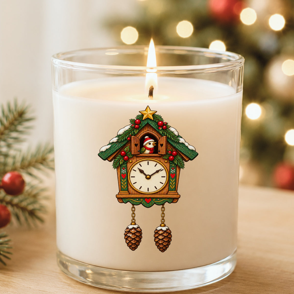 Christmas Cuckoo Clock UV DTF sticker applied to a white candle in a glass holder near Christmas lights