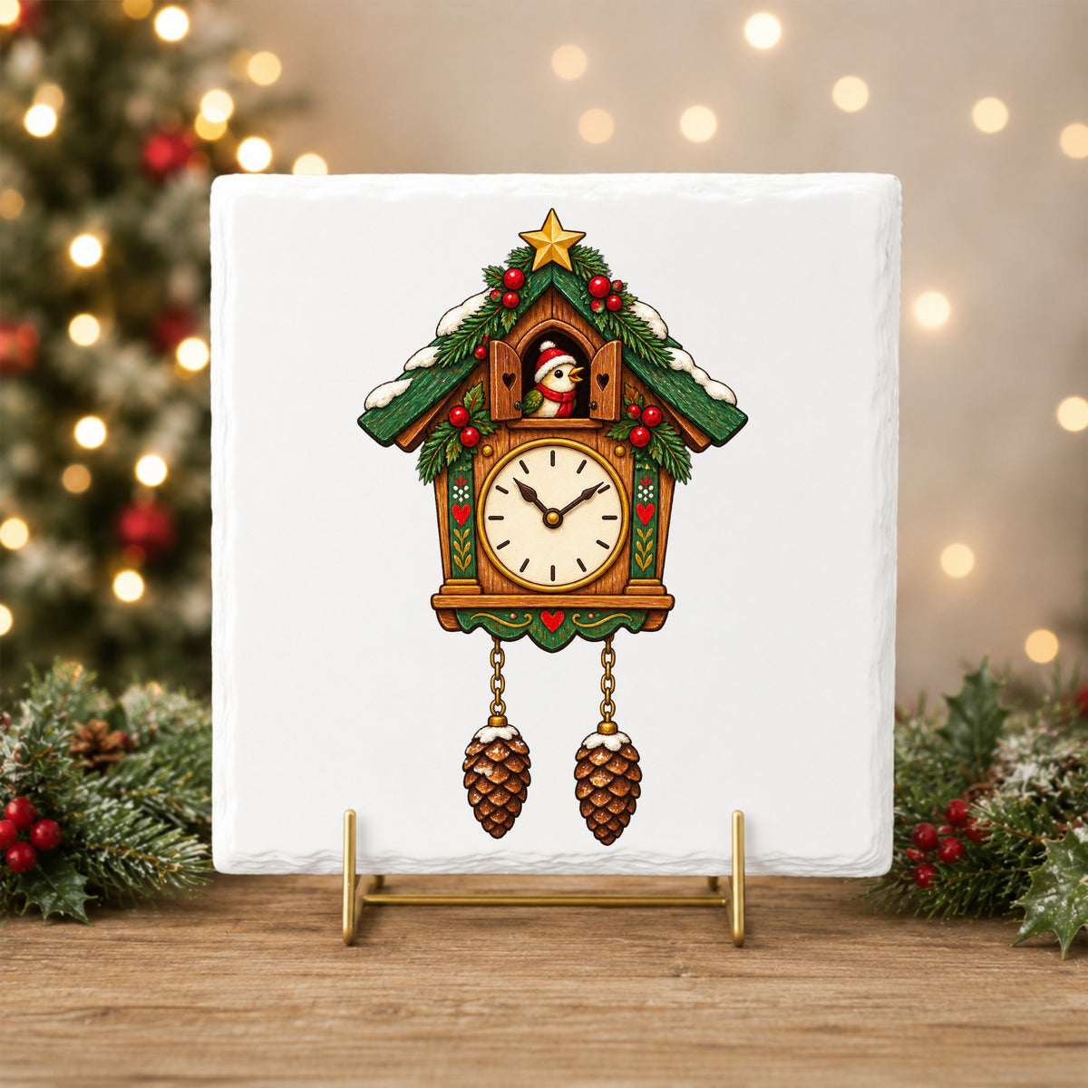 Christmas Cuckoo Clock UV DTF sticker applied to a white tile on a gold stand