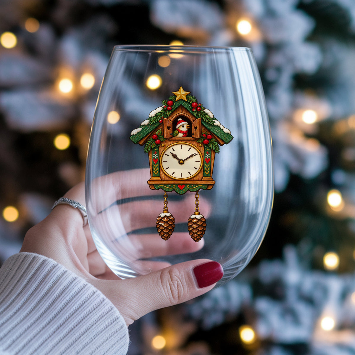 Christmas Cuckoo Clock UV DTF sticker applied to a stemless wine glass held in hand