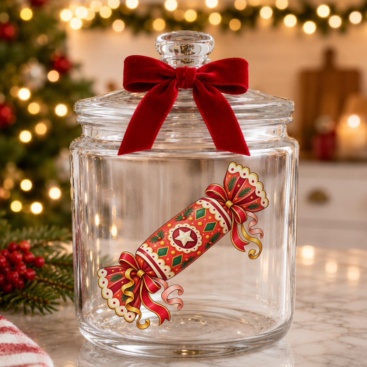 Christmas Cracker With Ribbon Bows UV DTF sticker applied to a glass candy jar tied with a red bow