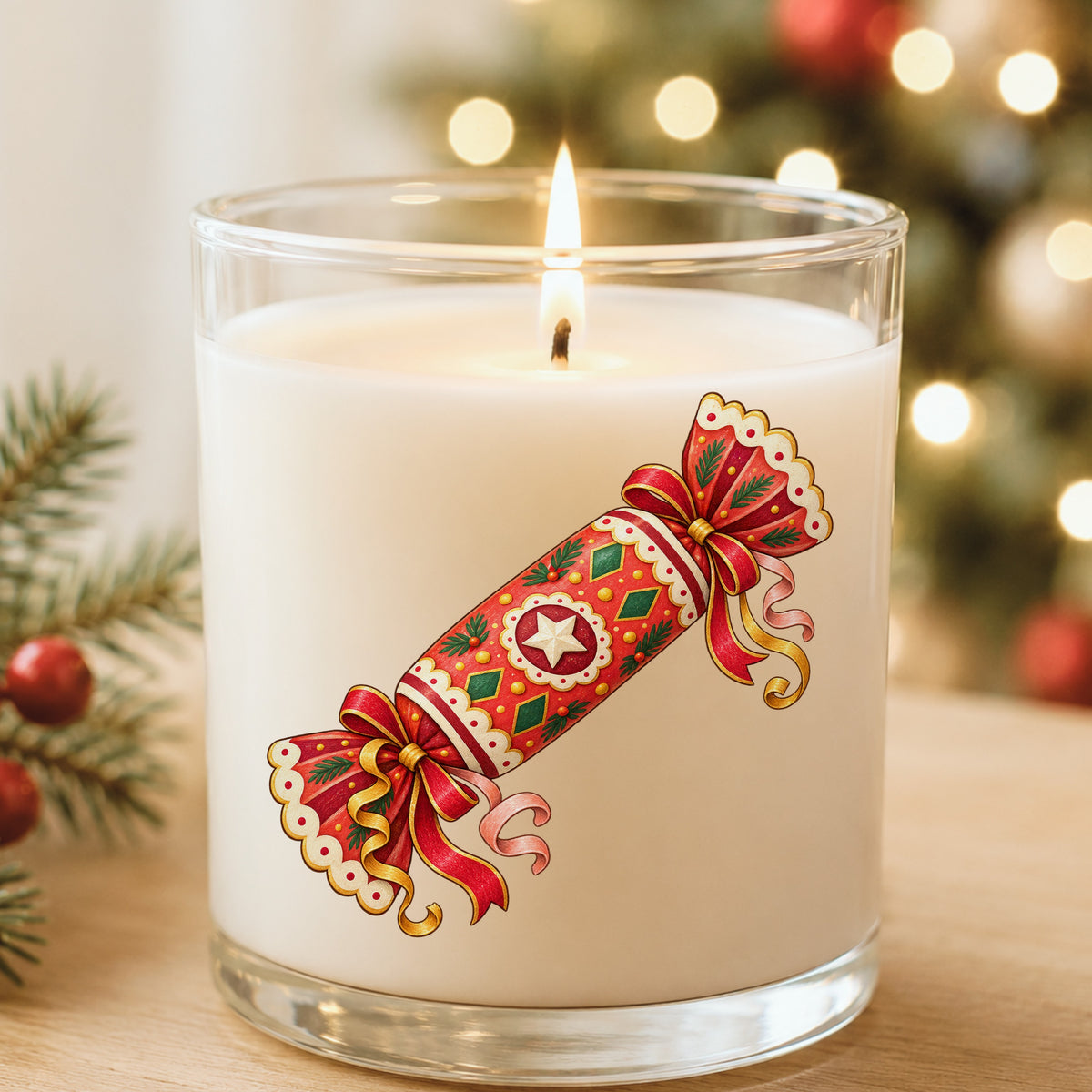 Christmas Cracker With Ribbon Bows UV DTF sticker applied to a white candle in a glass holder near Christmas lights