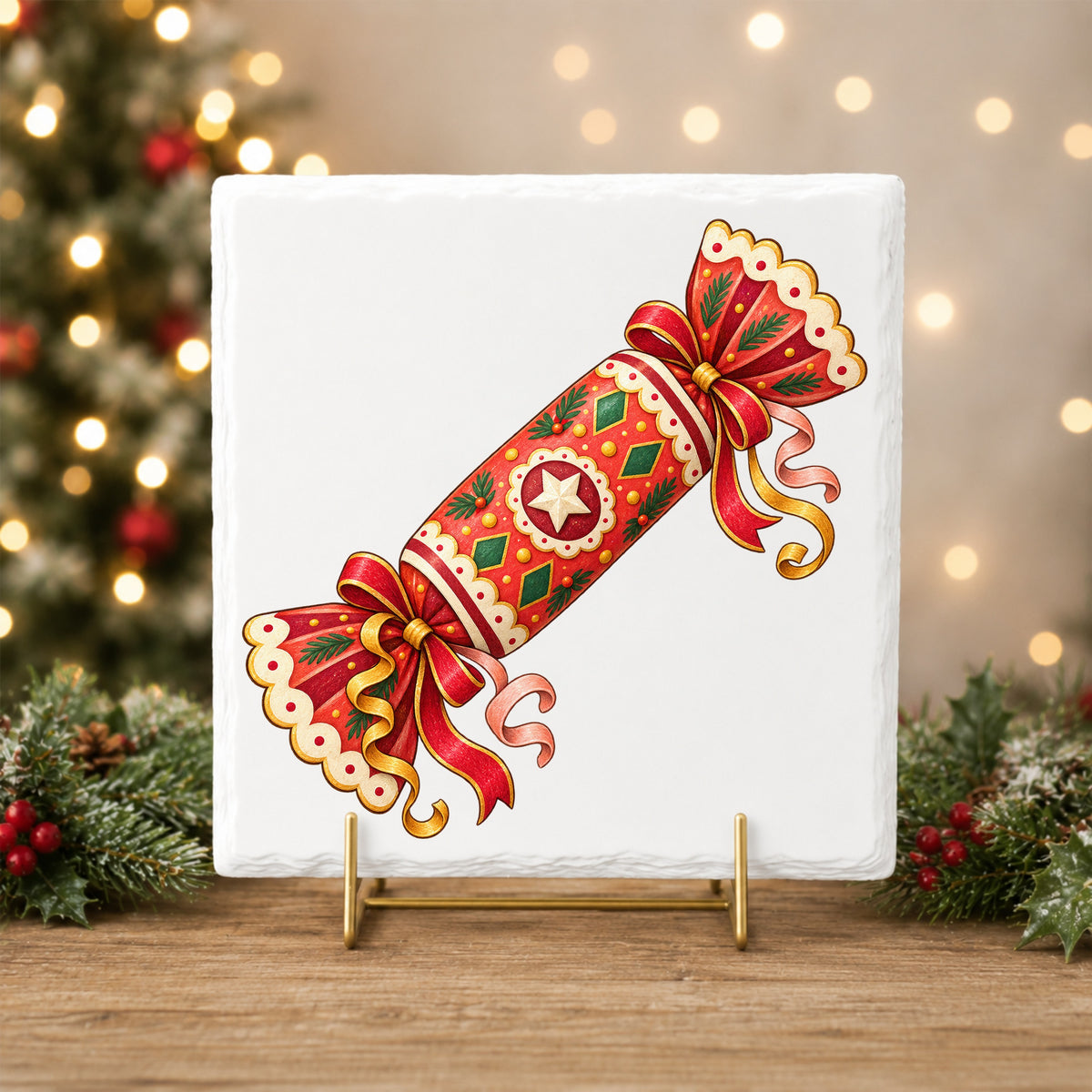 Christmas Cracker With Ribbon Bows UV DTF sticker applied to a white tile on a gold stand
