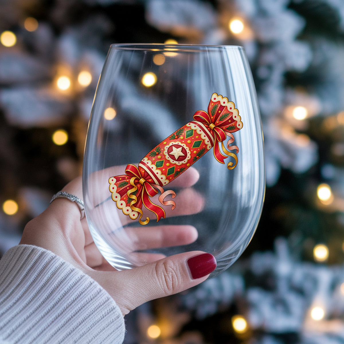Christmas Cracker With Ribbon Bows UV DTF sticker applied to a stemless wine glass held in hand