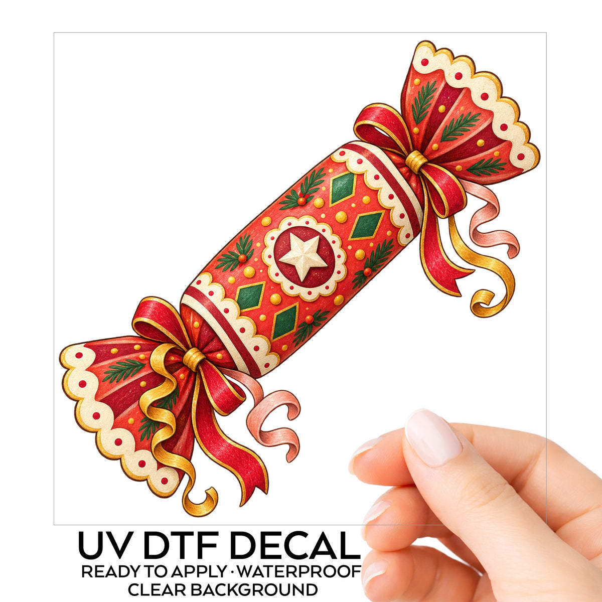 Christmas Cracker With Ribbon Bows UV DTF sticker on its backing card, held in hand
