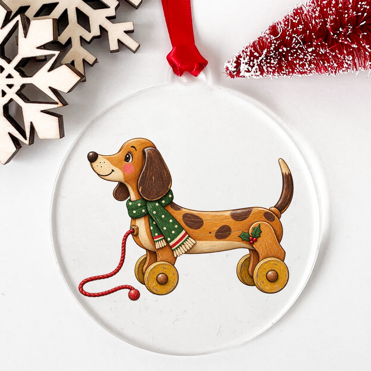 Vintage Wooden Pull Toy Dog UV DTF sticker applied to a clear round acrylic ornament with a red ribbon