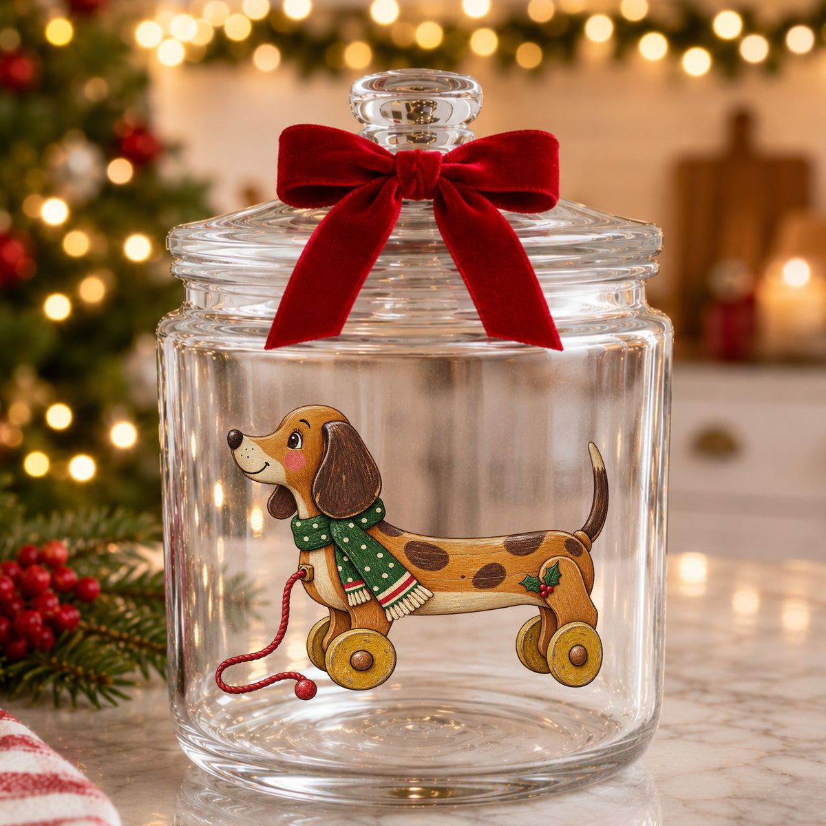 Vintage Wooden Pull Toy Dog UV DTF sticker applied to a glass candy jar tied with a red bow