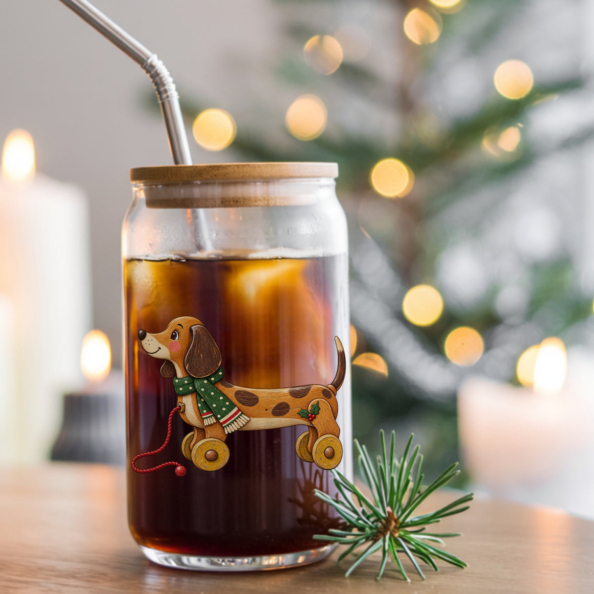 Vintage Wooden Pull Toy Dog UV DTF sticker applied to a glass can cup of iced coffee with a straw