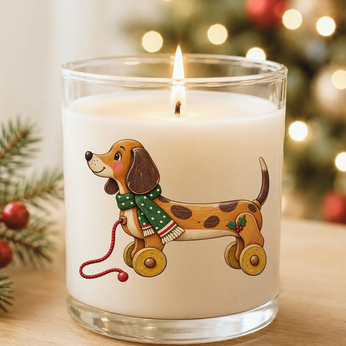 Vintage Wooden Pull Toy Dog UV DTF sticker applied to a white candle in a glass holder near Christmas lights