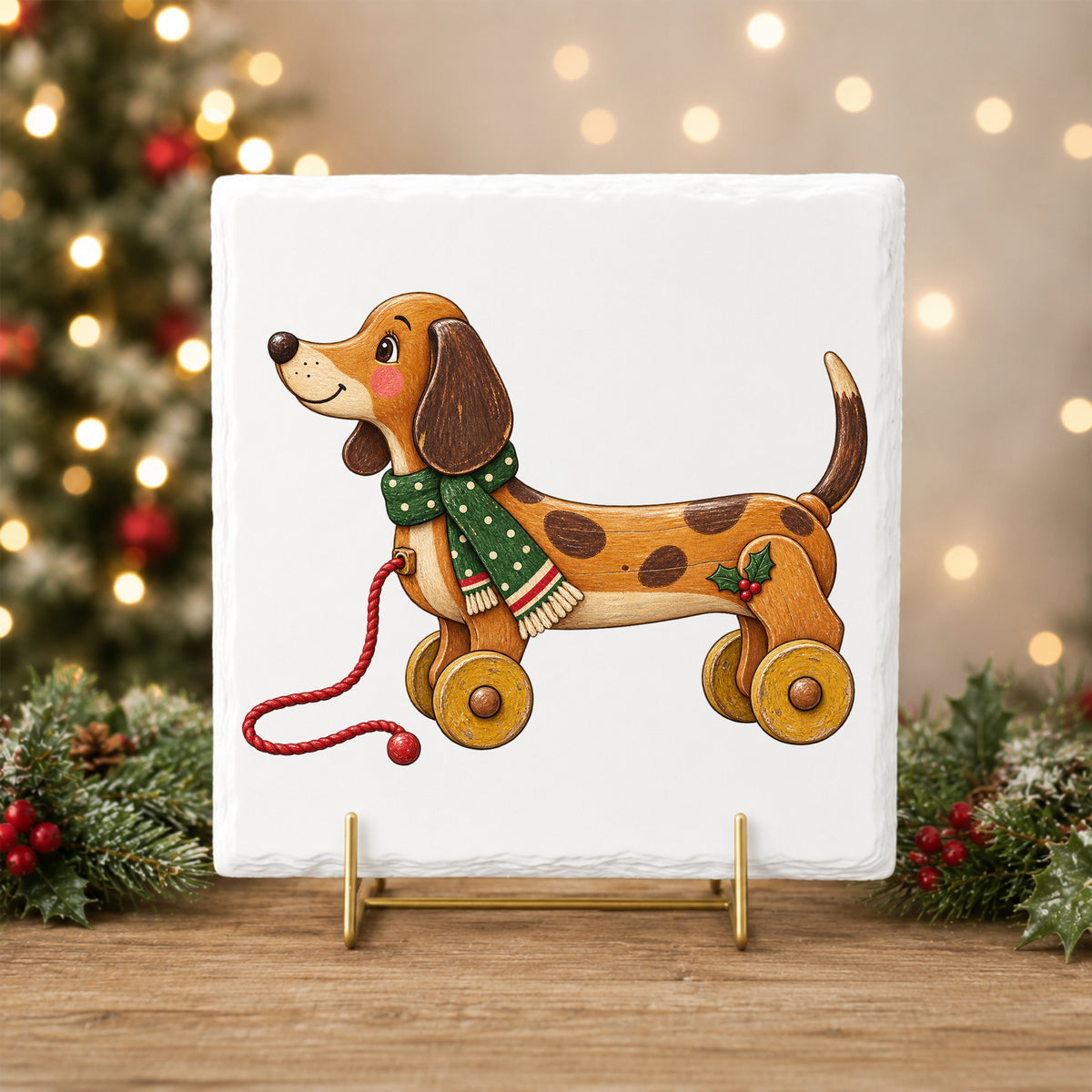Vintage Wooden Pull Toy Dog UV DTF sticker applied to a white tile on a gold stand