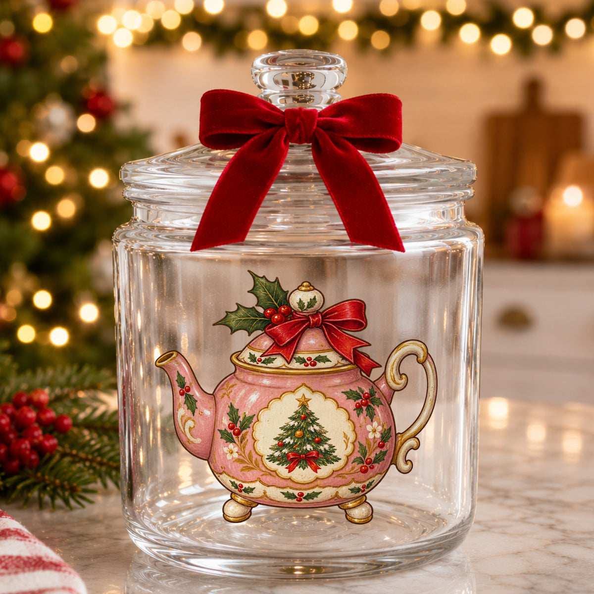Pink Christmas Teapot With Holly UV DTF sticker applied to a glass candy jar tied with a red bow