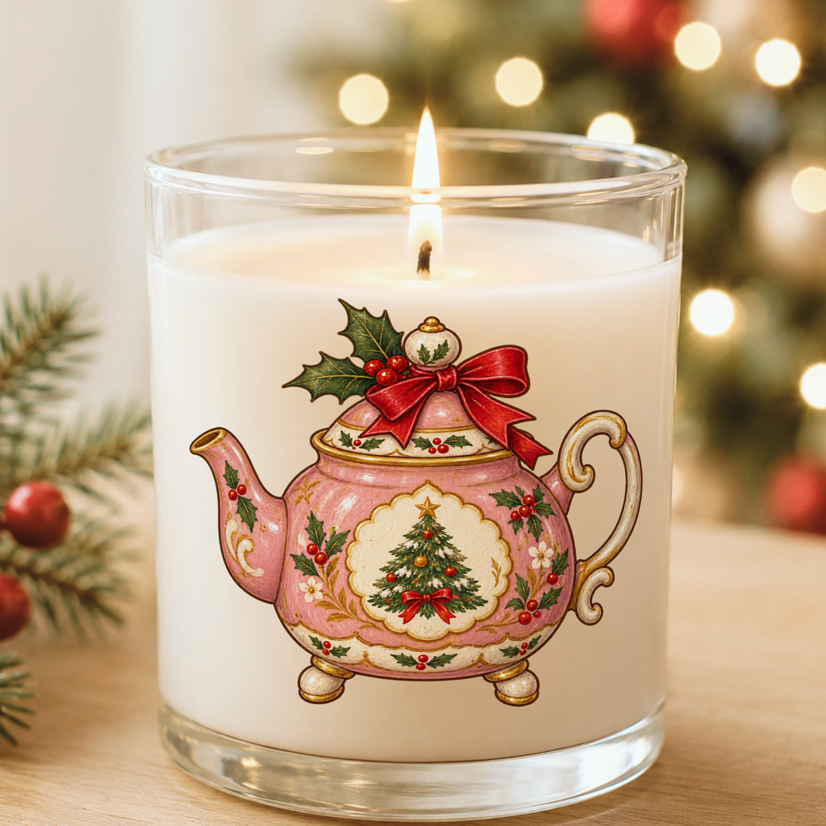 Pink Christmas Teapot With Holly UV DTF sticker applied to a white candle in a glass holder near Christmas lights