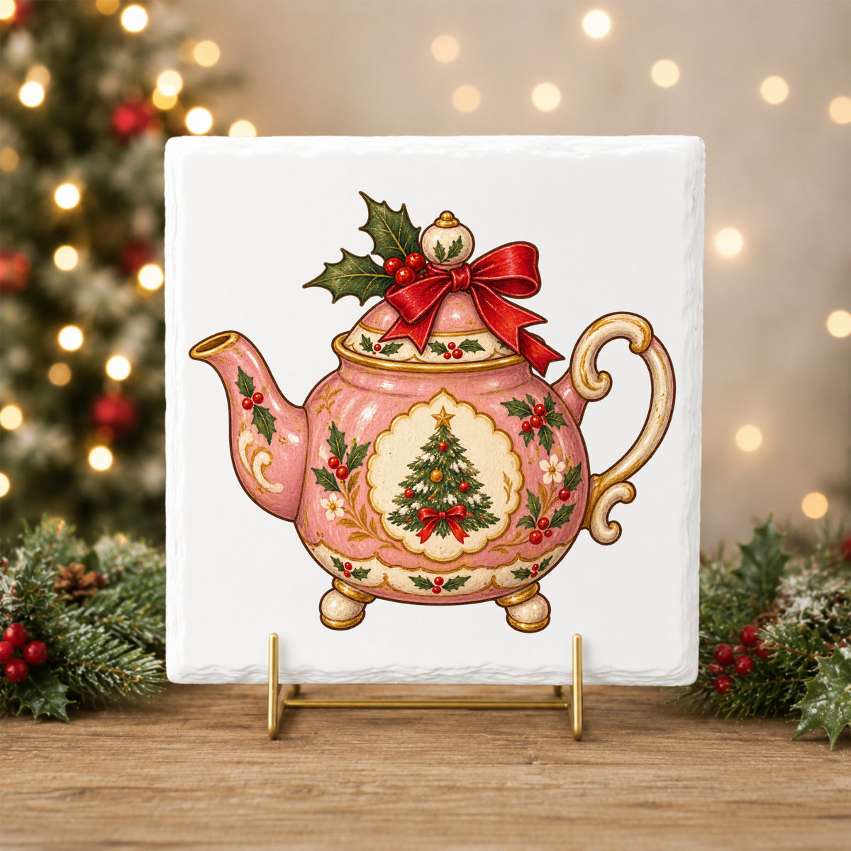 Pink Christmas Teapot With Holly UV DTF sticker applied to a white tile on a gold stand