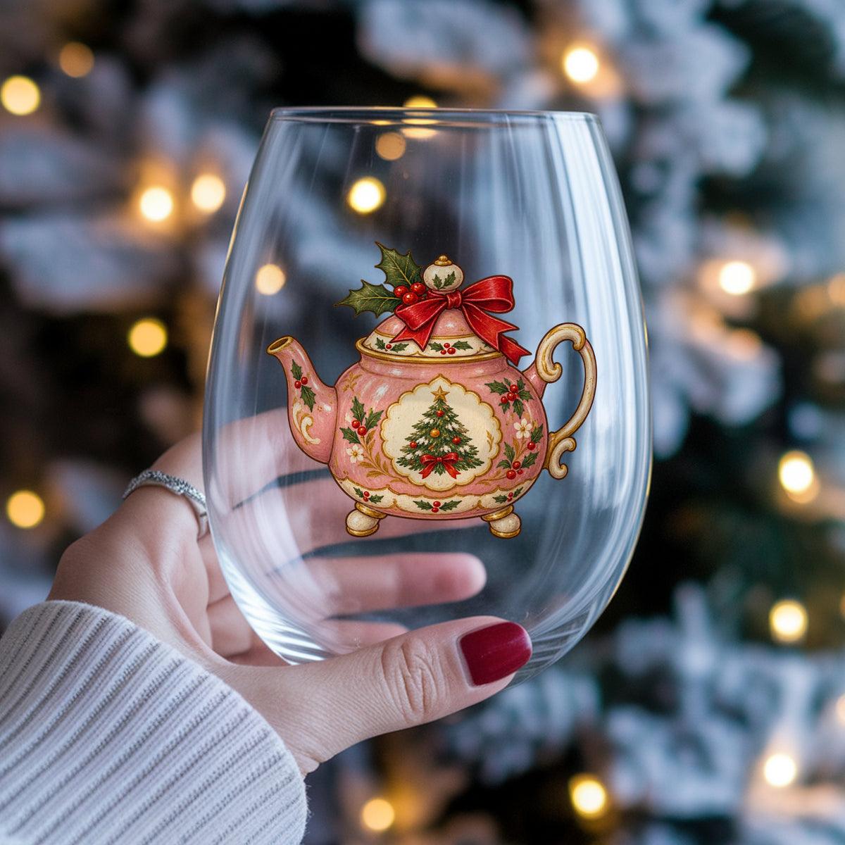 Pink Christmas Teapot With Holly UV DTF sticker applied to a stemless wine glass held in hand