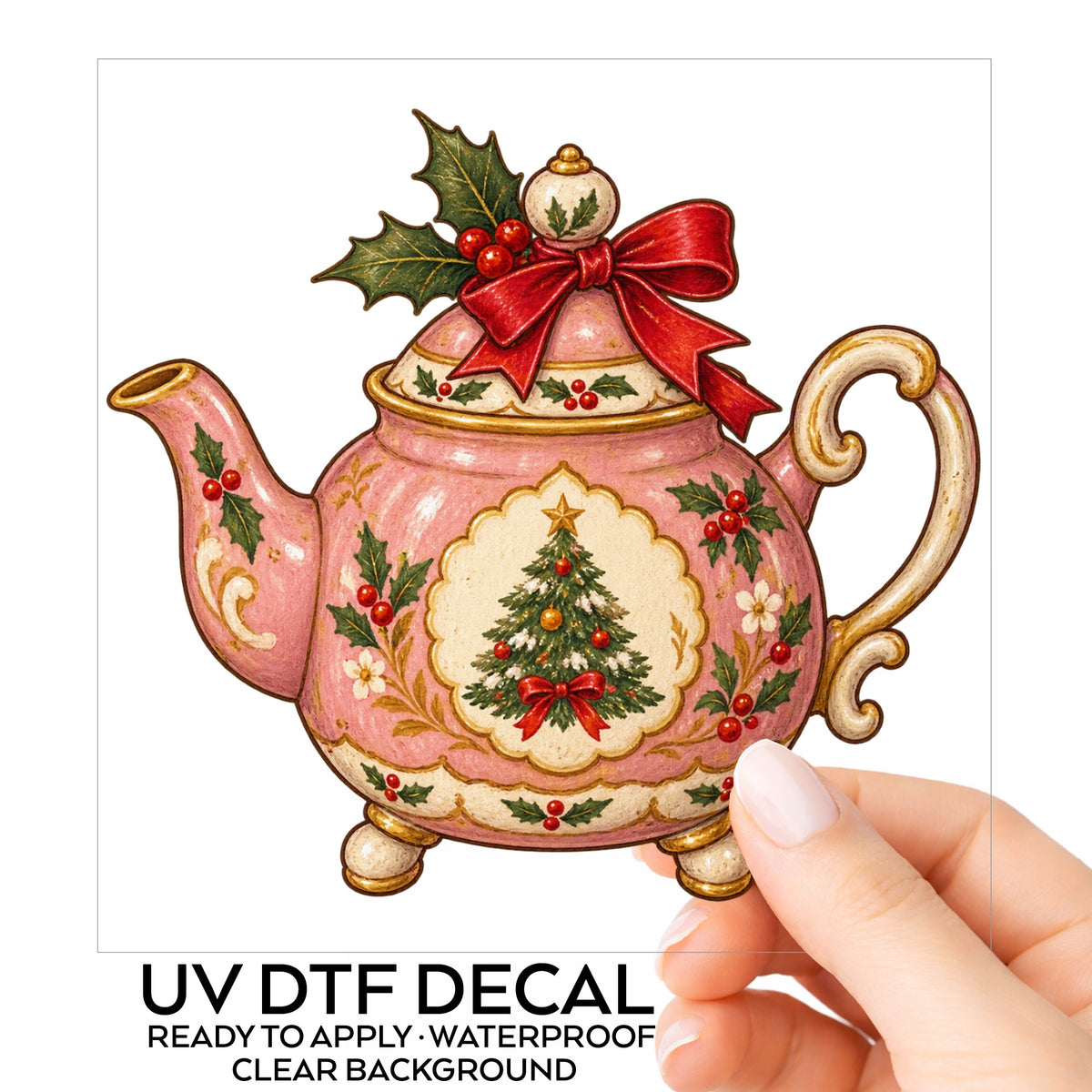Pink Christmas Teapot With Holly UV DTF sticker on its backing card, held in hand
