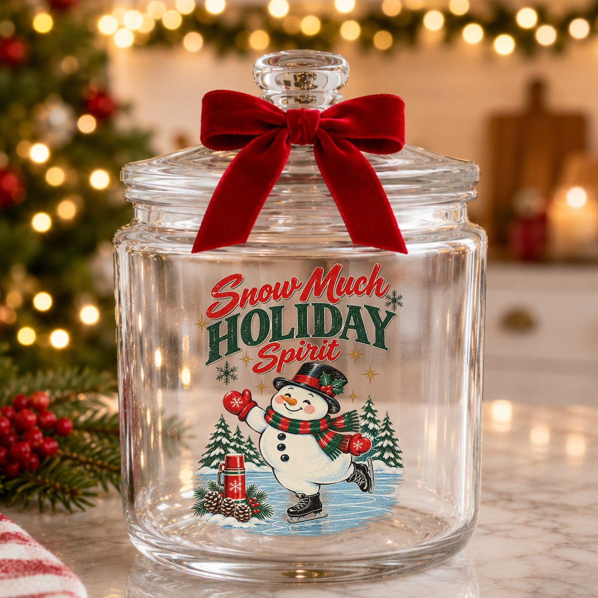 Snow Much Holiday Spirit Snowman UV DTF sticker applied to a glass candy jar tied with a red bow