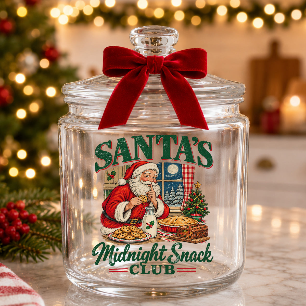 Santa's Midnight Snack Club UV DTF sticker applied to a glass candy jar tied with a red bow