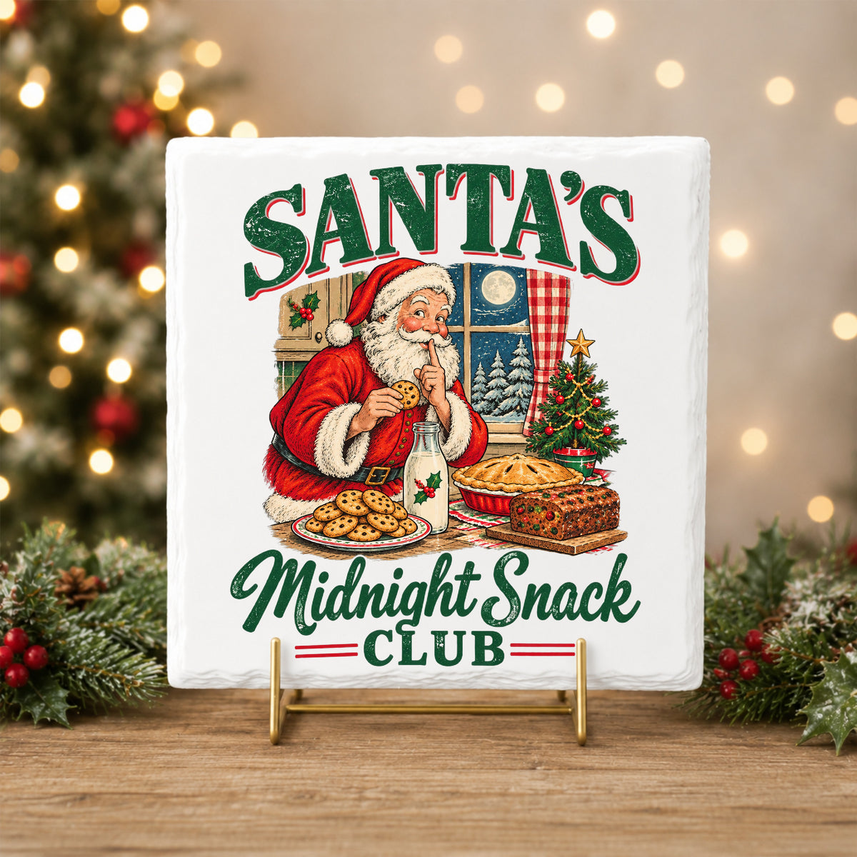 Santa's Midnight Snack Club UV DTF sticker applied to a white tile on a gold stand