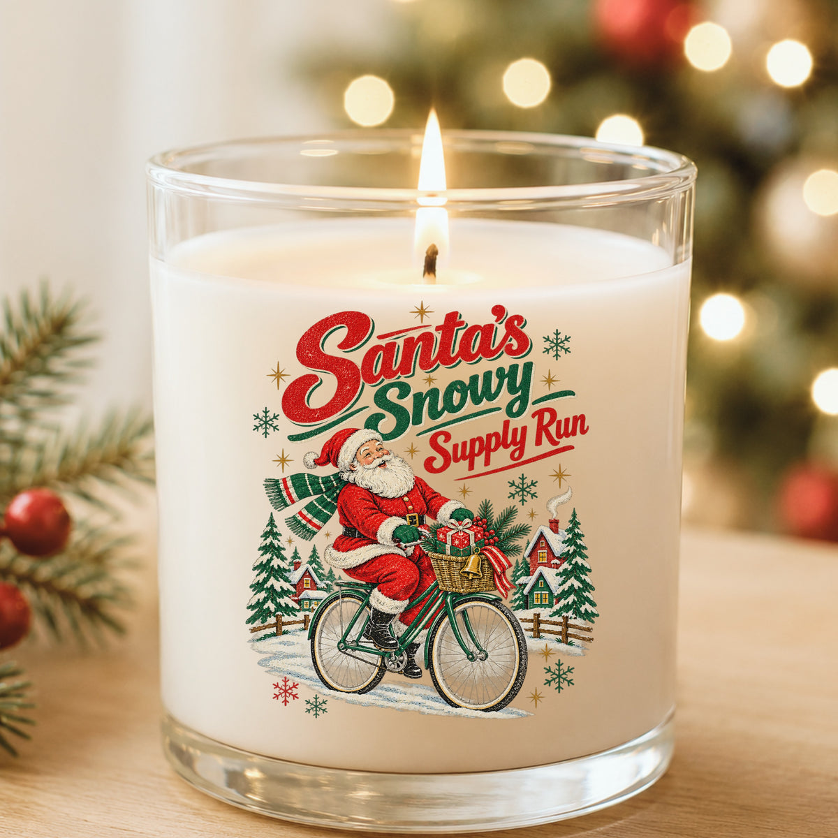 Santa's Snowy Supply Run Bicycle UV DTF sticker applied to a white candle in a glass holder near Christmas lights