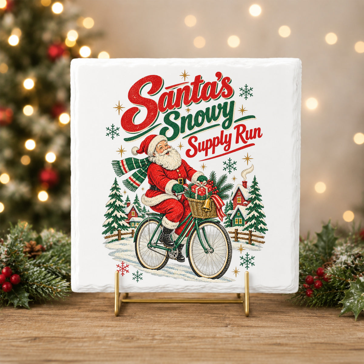 Santa's Snowy Supply Run Bicycle UV DTF sticker applied to a white tile on a gold stand