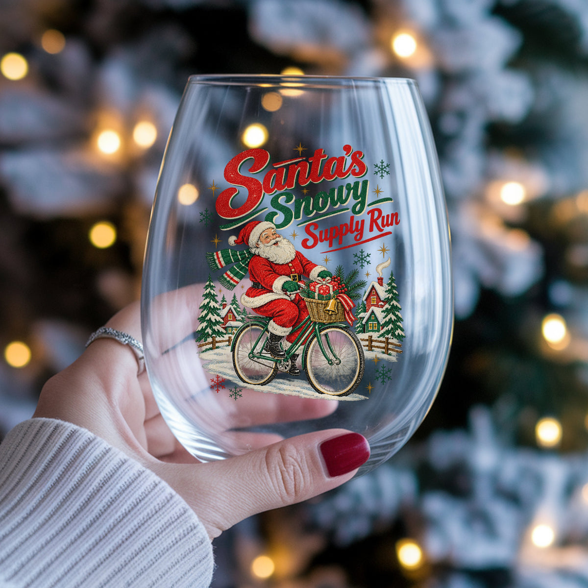 Santa's Snowy Supply Run Bicycle UV DTF sticker applied to a stemless wine glass held in hand