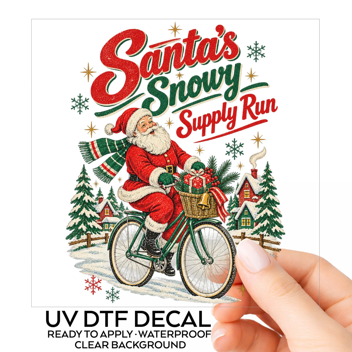 Santa's Snowy Supply Run Bicycle UV DTF sticker on its backing card, held in hand