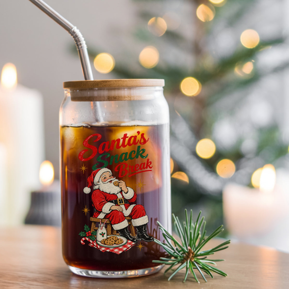 Santa's Snack Break Cookies UV DTF sticker applied to a glass can cup of iced coffee with a straw